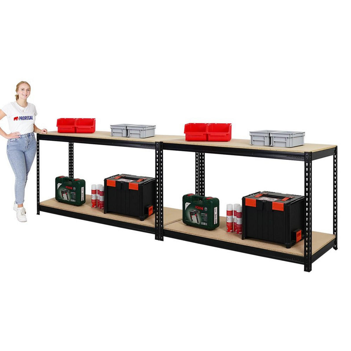 WERKBANK Strong Beast 5er-Set mit 5x 90x150x60 cm Fachlast 500 kg Schwarz - Schwarz, Metall (750/90/60cm) - PROREGAL