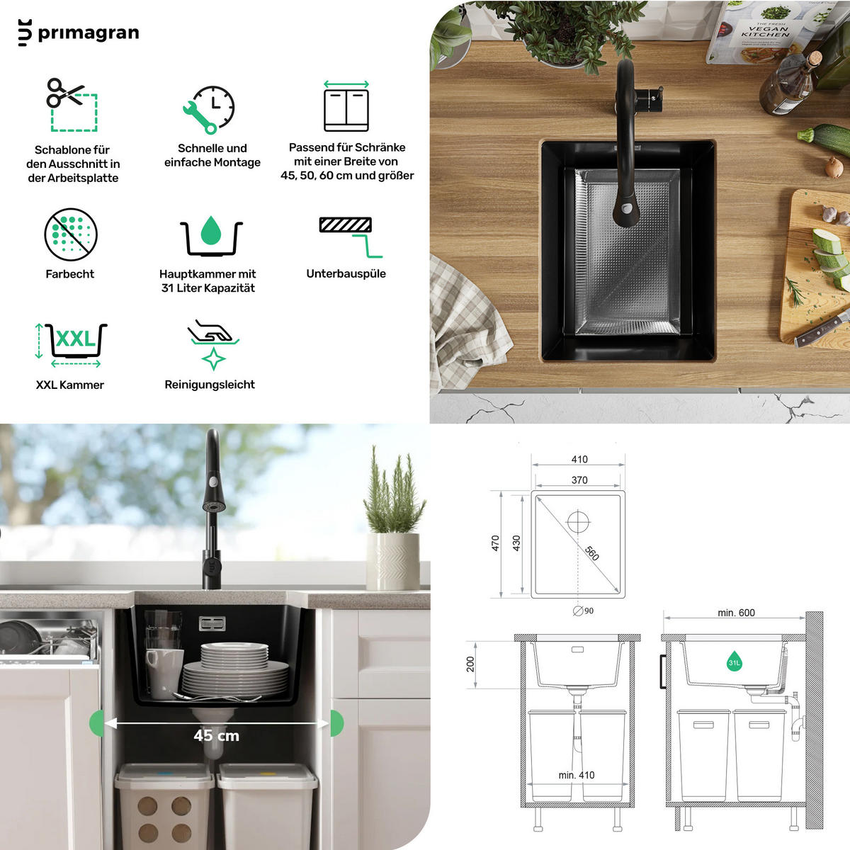 UNTERBAUSPÜLE GRANIT London, 2-er set Weiß 41/47 cm 1 Becken + Ablauf-Set ab 45er Unterschrank - Chromfarben/Weiß, Kunststoff (41/20/47cm) - Primagran