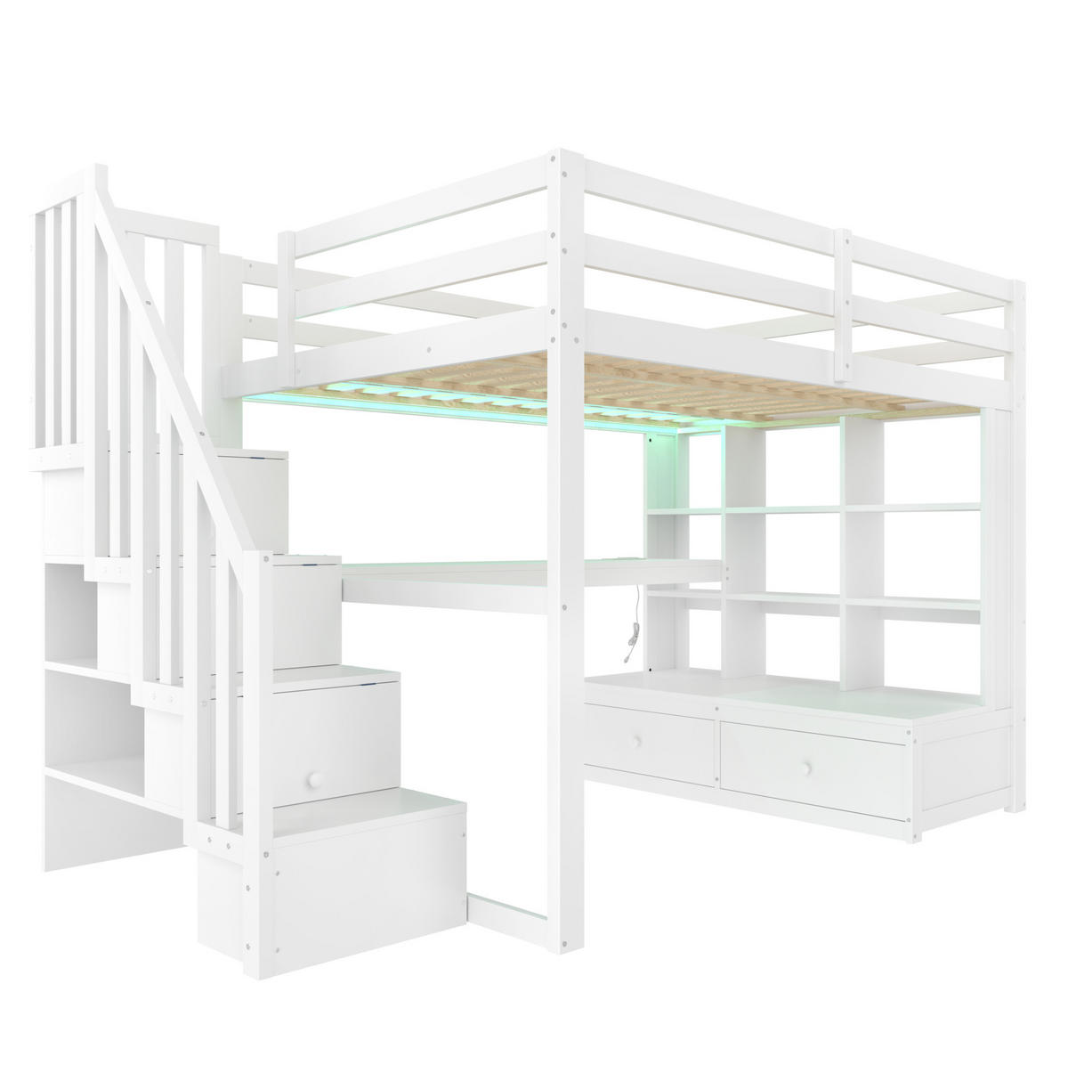 HOCHBETT 140/200 cm aus Kiefer, MDF und Sperrholz mit Schreibtisch, Regalen und Stauraumtreppe Weiß - Weiß, Holzwerkstoff (140/200cm) - Modenvie