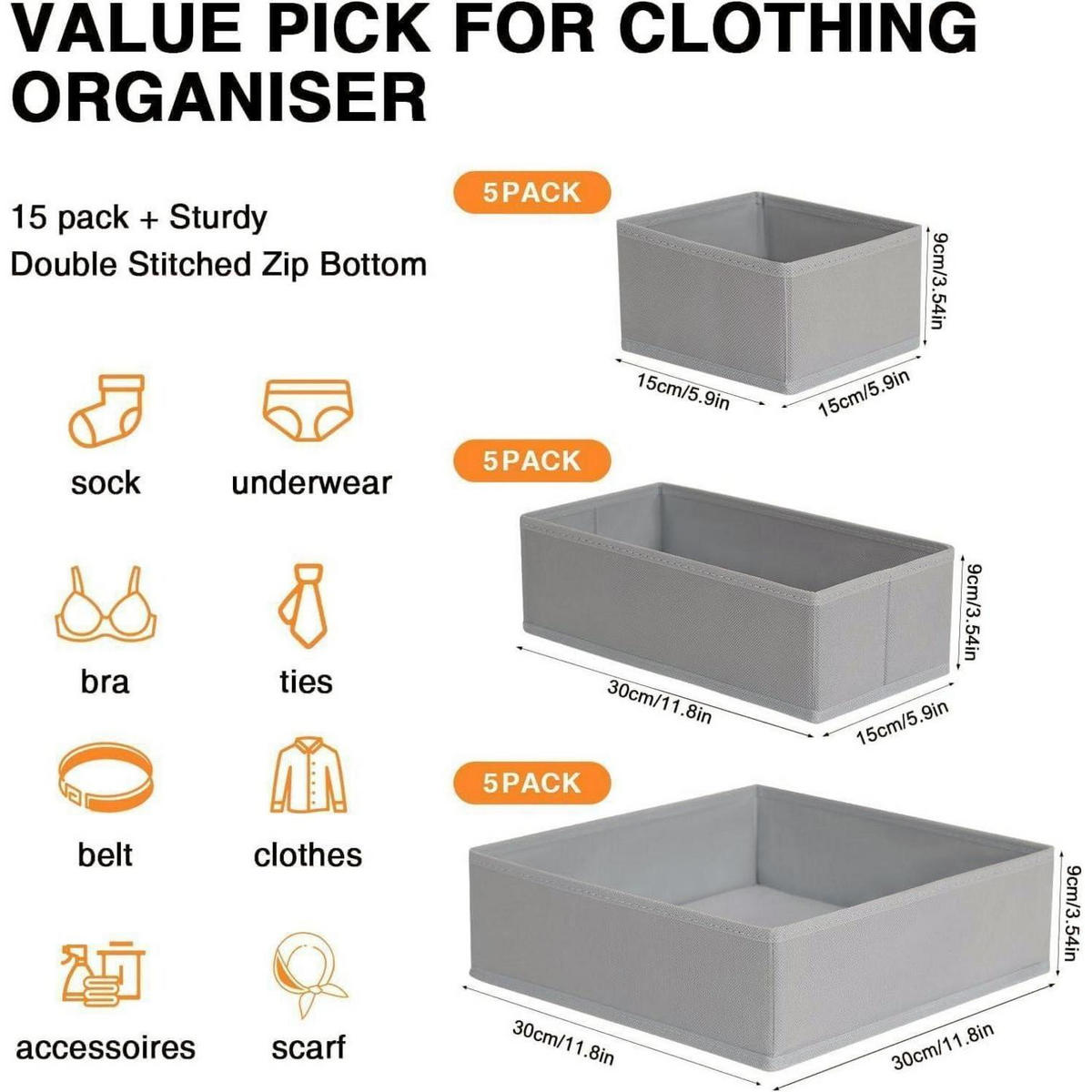 SCHUBLADEN Organizer 15-teiliges Set Hellgrau - Grau, Textil (15/9/30cm)