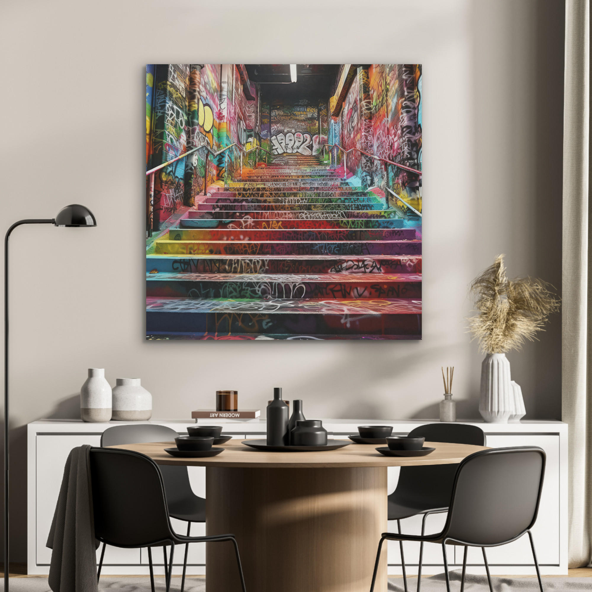 AKUSTIKPANEEL Treppe - Graffiti - Farben - Kunst 90x90 cm - Multicolor, Textil (90/0.9/90cm) - MuchoWow