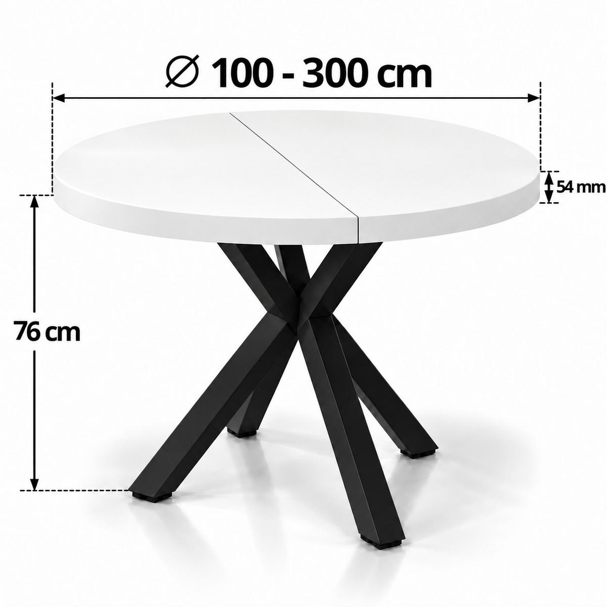 ESSTISCH rund ausziehbar 100/300/76 cm, Weiß, 54 cm Tischplatte + X Metallbeine Schwarz - Schwarz/Weiß, Holzwerkstoff/Metall (100/300/76cm) - Damale Möbel