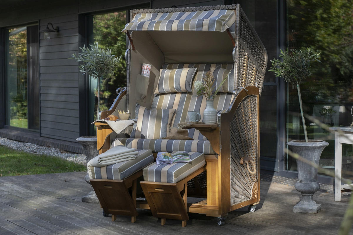 STRANDKORB Komplettset - Schleswig Pinie - PE mokka - Modell 557 - Graubraun, Holz (120/160/80cm) - bene living