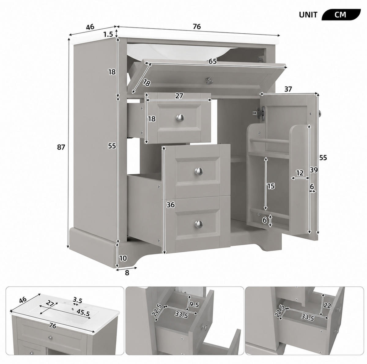 BADEZIMMERSCHRANK mit Waschbecken aus MDF und Keramik 76x46x87 cm Grau freistehend mit Stauraum - Grau, Keramik (76/87/46cm) - Modfu
