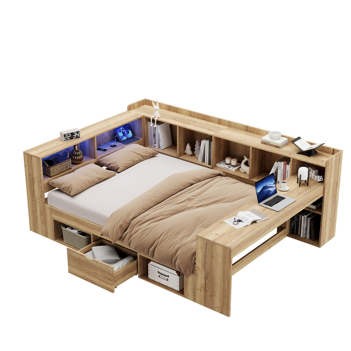 KINDERBETT aus MDF 140x200 cm Natur mit LED-Beleuchtung, USB-/Type-C-Anschluss, Schreibtisch und Stauraum - Naturfarben, Holzwerkstoff (140/200cm) - Modfu