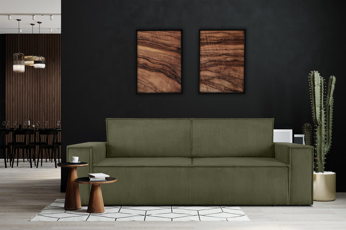 3-SITZER-SCHLAFSOFA NAPI in Pet Friendly Cord-Stoff, Olivgrün - Schwarz/Olivgrün, Textil (244/89/101cm) - KONSIMO®