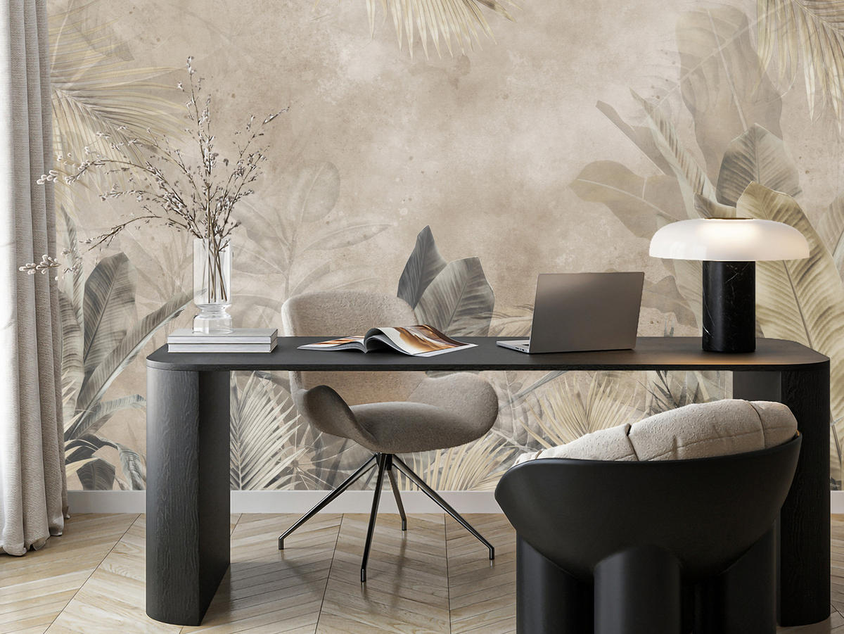 FOTOTAPETE für Schlafzimmer Bananenblätter auf Beton Tropisch Beige 150x105 - Beige/Braun, Papier (150/105cm) - Muralo