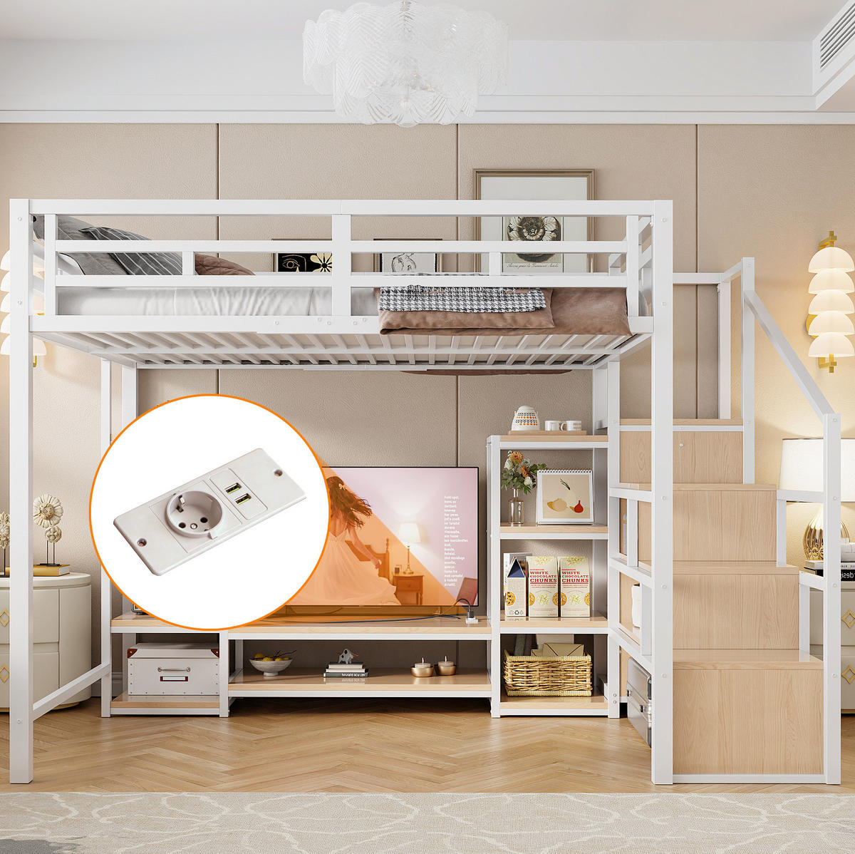 VYSOKÁ posteľ 140/200 cm biela s TV stojanom, zásuvkou a úložným rebríkom z kovu a MDF - biela, kompozitné drevo (140/200cm) - OKWISH