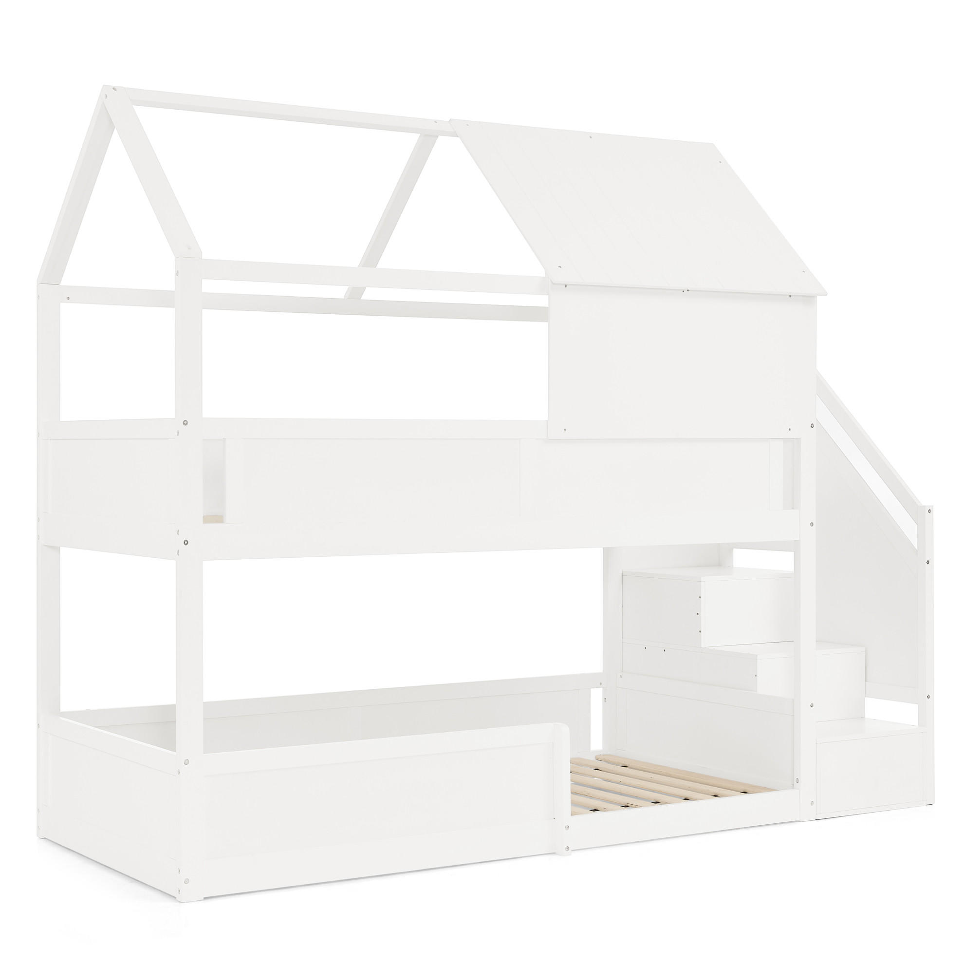 ETAGENBETT aus Massivholz 80x200 cm Weiß mit Treppe, Dachdesign und Sicherheitsgeländer - Weiß, Holz (80/200cm) - Modfu
