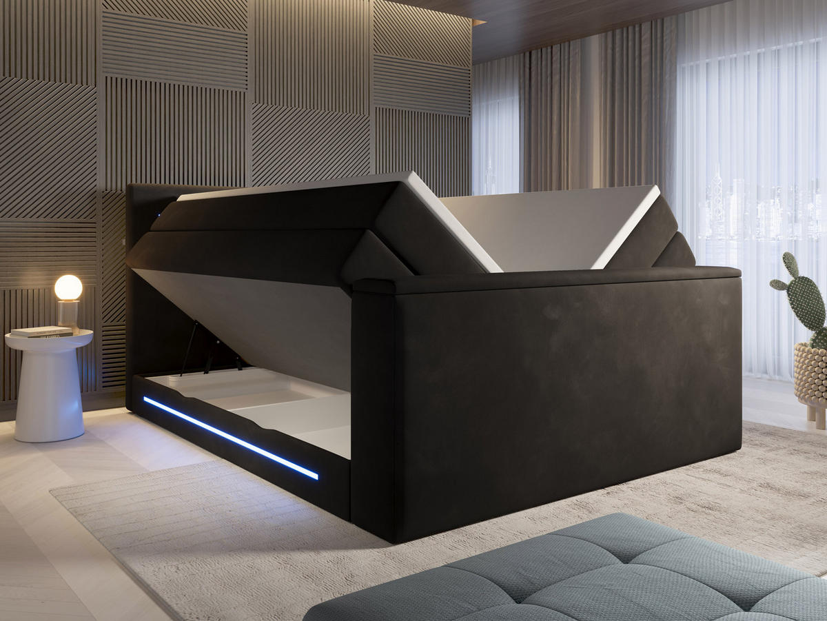 BOXSPRINGBETT Monaco schwarz 180/200 cm H2/H3 Samt mit TV-Lift - Schwarz, Textil (180/200cm) - wonello