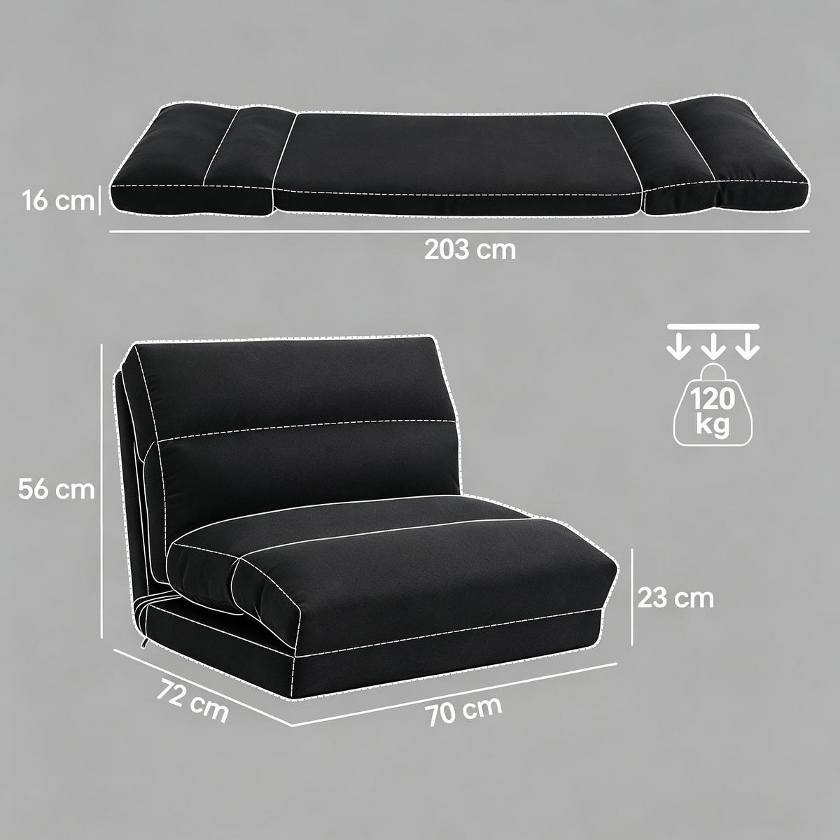 SCHLAFSESSEL DE-33491 5-fach verstellbar mit Bettfunktion Schwarz - Schwarz, Metall (70/56/72cm)