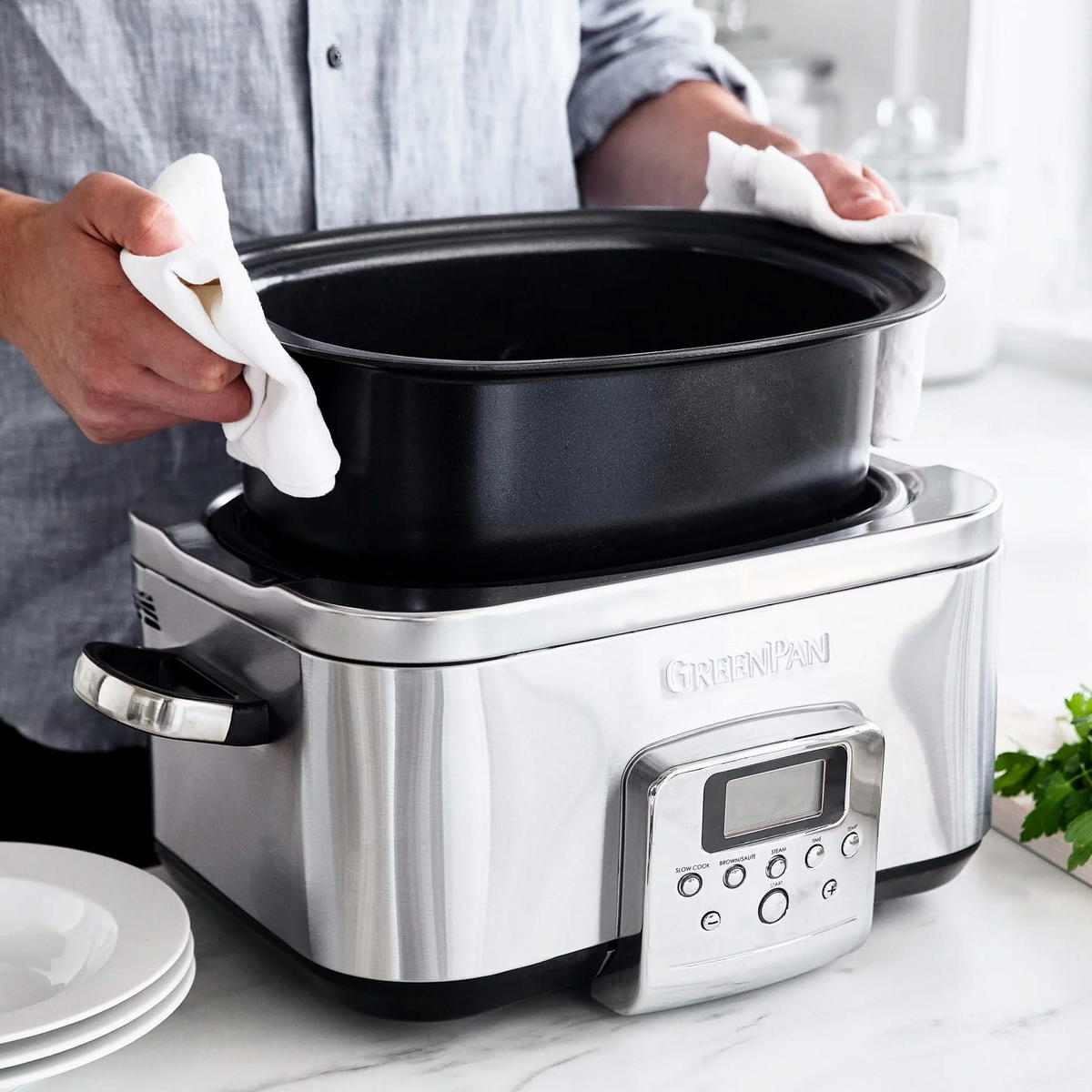 SLOWCOOKER - 6.0 Liter - Edelstahl - Keramische Antihaftbeschichtung - Silberfarben, Metall (6L)