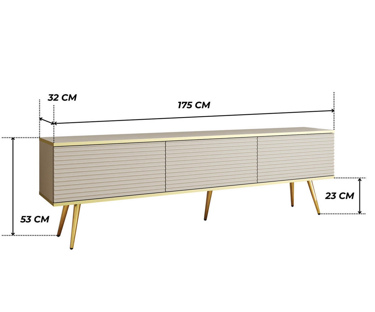 TV-BOARD FORNO (Beige, Rillenfront, Goldene Details, 3 Klapptüren, goldene Metallfüße, 175 cm) - Gelb/Beige, Holz/Holzwerkstoff (175/53/32cm) - Ravio