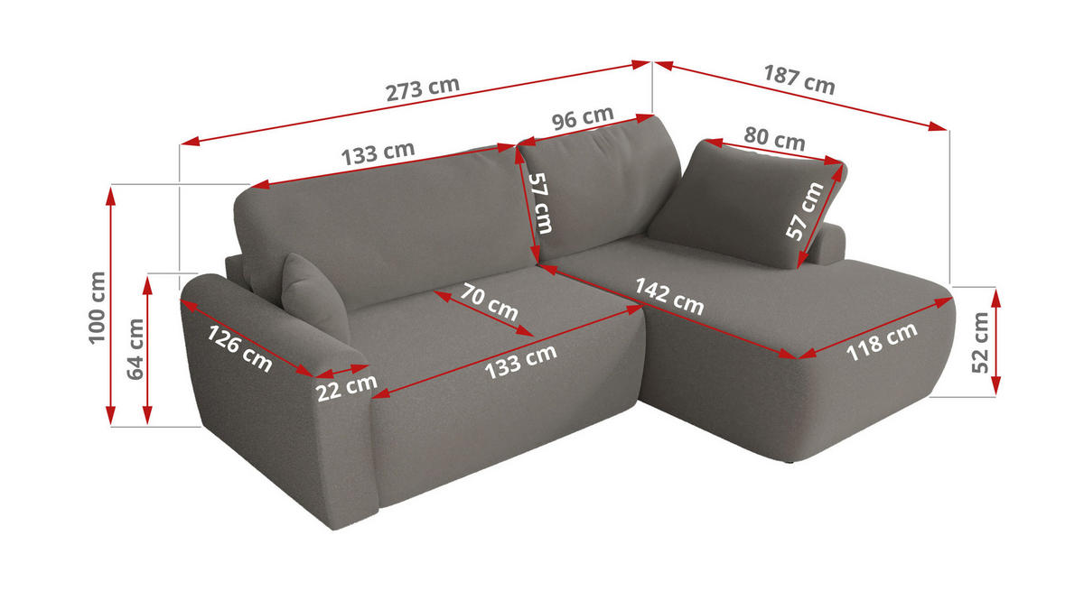 ECKSCHLAFSOFA CUBO L Hellgrau Boucle - links - Hellgrau/Schwarz, Kunststoff/Textil (273/187cm) - MKS