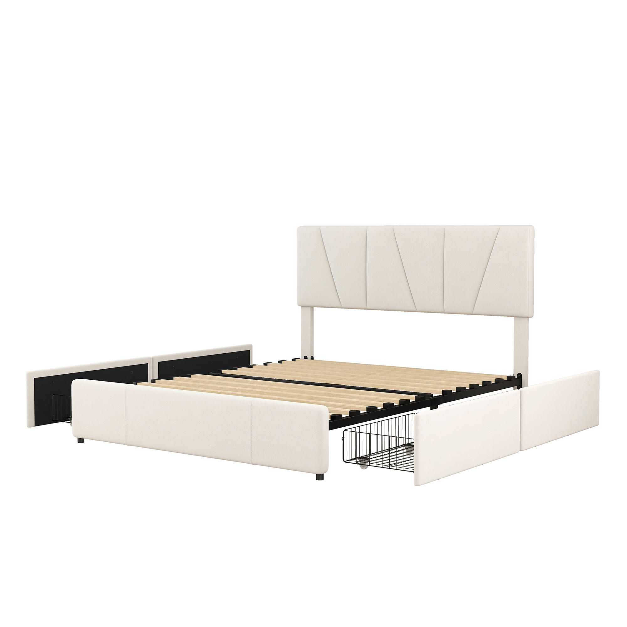 POLSTER PLATTFORM BETT 140x200cm Beige 4 Schubladen verstellbares Kopfteil - Beige, Holz (140/200cm) - FLIEKS