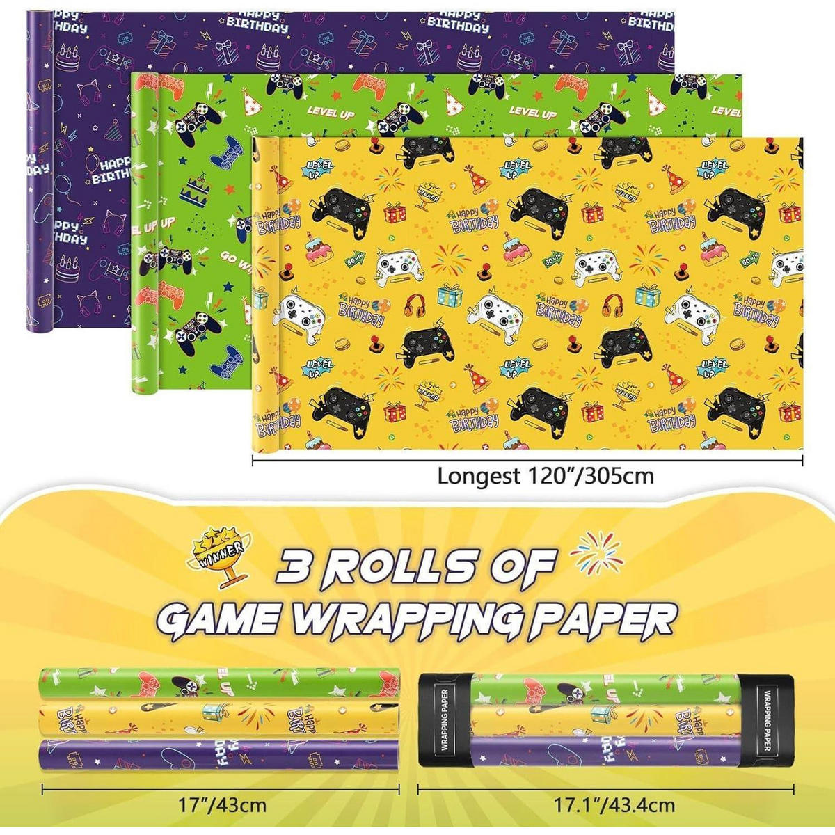 GESCHENKPAPIER 3-teiliges Set Gaming Motiv 43 cm x 3 m - Multicolor, Papier (43.2/43.2/43.2cm)