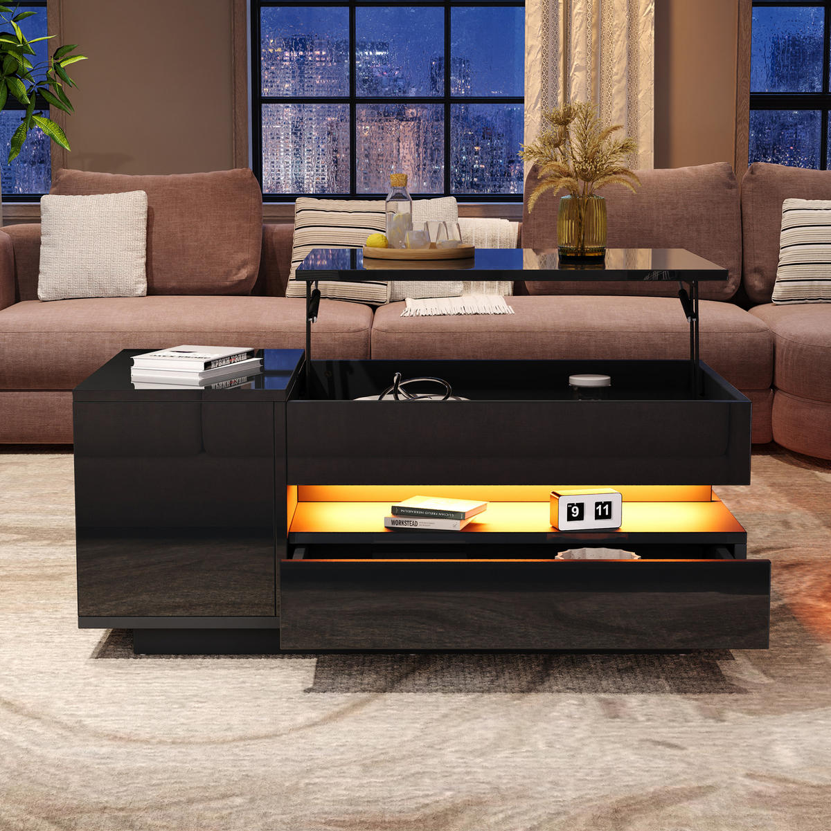 COUCHTISCH 95/50/40 cm mit höhenverstellbarer Tischplatte, LED-Beleuchtung und Stauraum, Hochglanz, Schwarz - Schwarz, Holzwerkstoff (95/50/40cm) - Redom