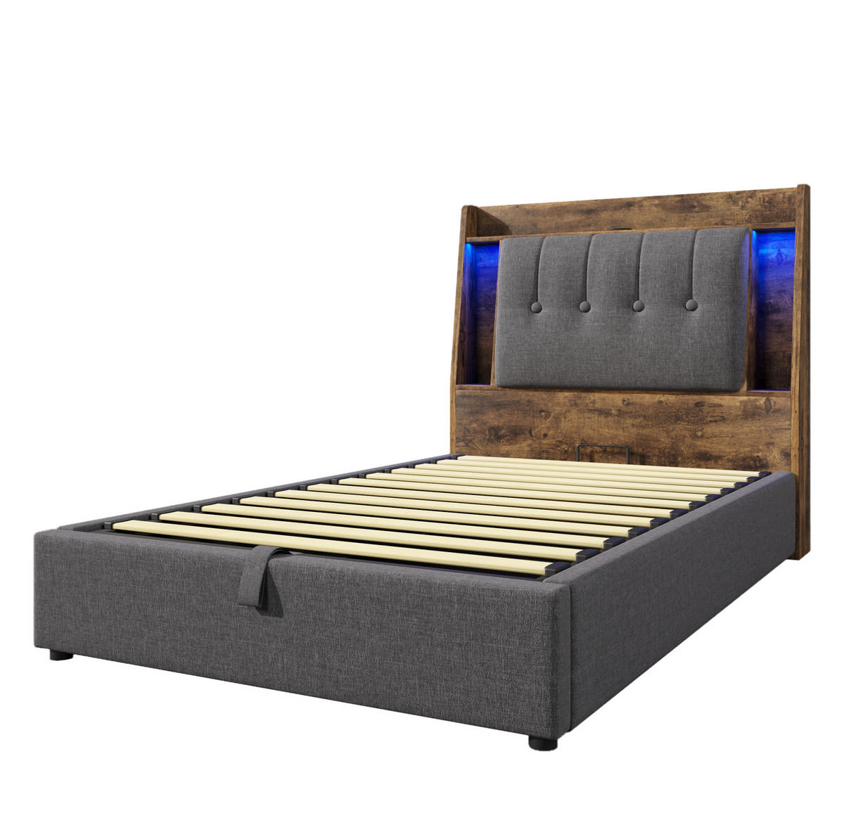 POLSTERBETT 90/200 cm Grau aus Leinen und MDF mit LED-Beleuchtung - Grau, Textil (90/200cm) - OKMYHOME