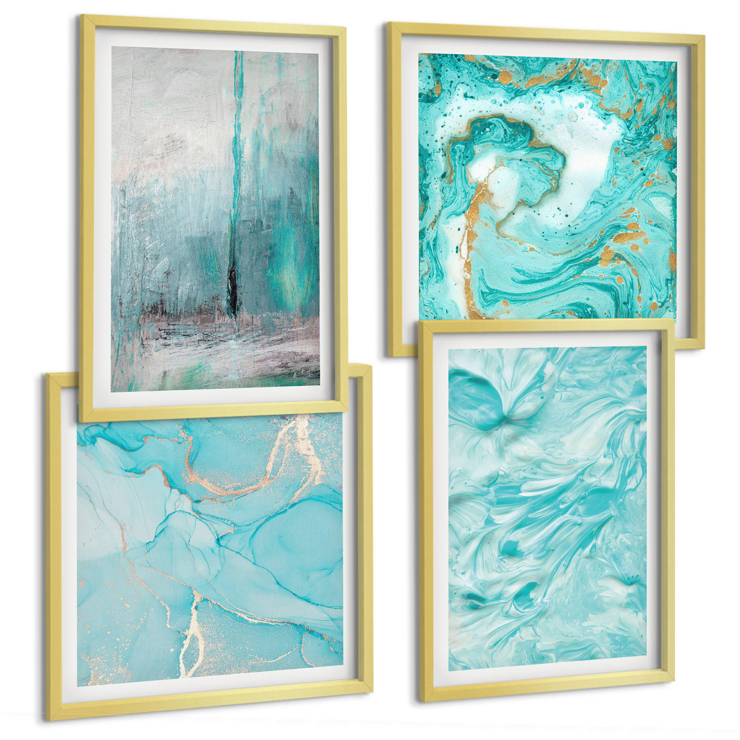 BILDER SET 4er Set - 50x50 cm & 40x60 cm Goldrahmen - abstrakte Muster in Blautönen - Goldfarben, Kunststoff (50/50cm) - TULUP