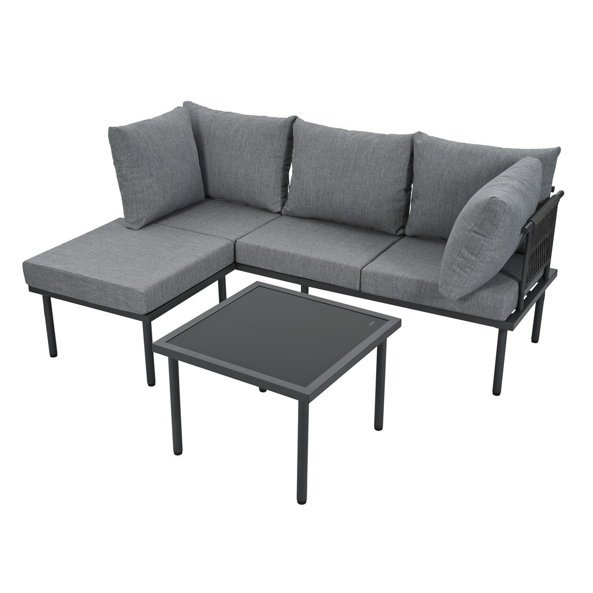 LOUNGESET Grau+Schwarz Eck Mit Sofa Couchtisch Hocker - Schwarz, Kunststoff - FLIEKS