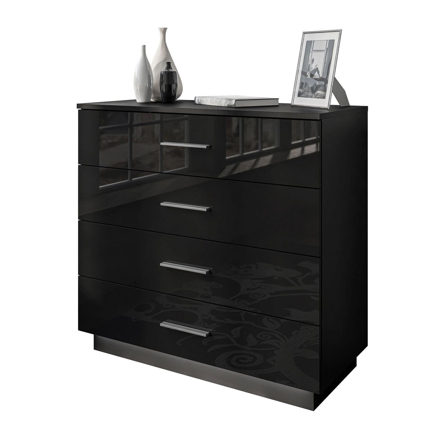 KOMMODE LINA 95 mit Griffen Schwarzer Glanz LED Griffe Chrom - Silberfarben/Schwarz, Holzwerkstoff (95/84/40cm) - Lookway