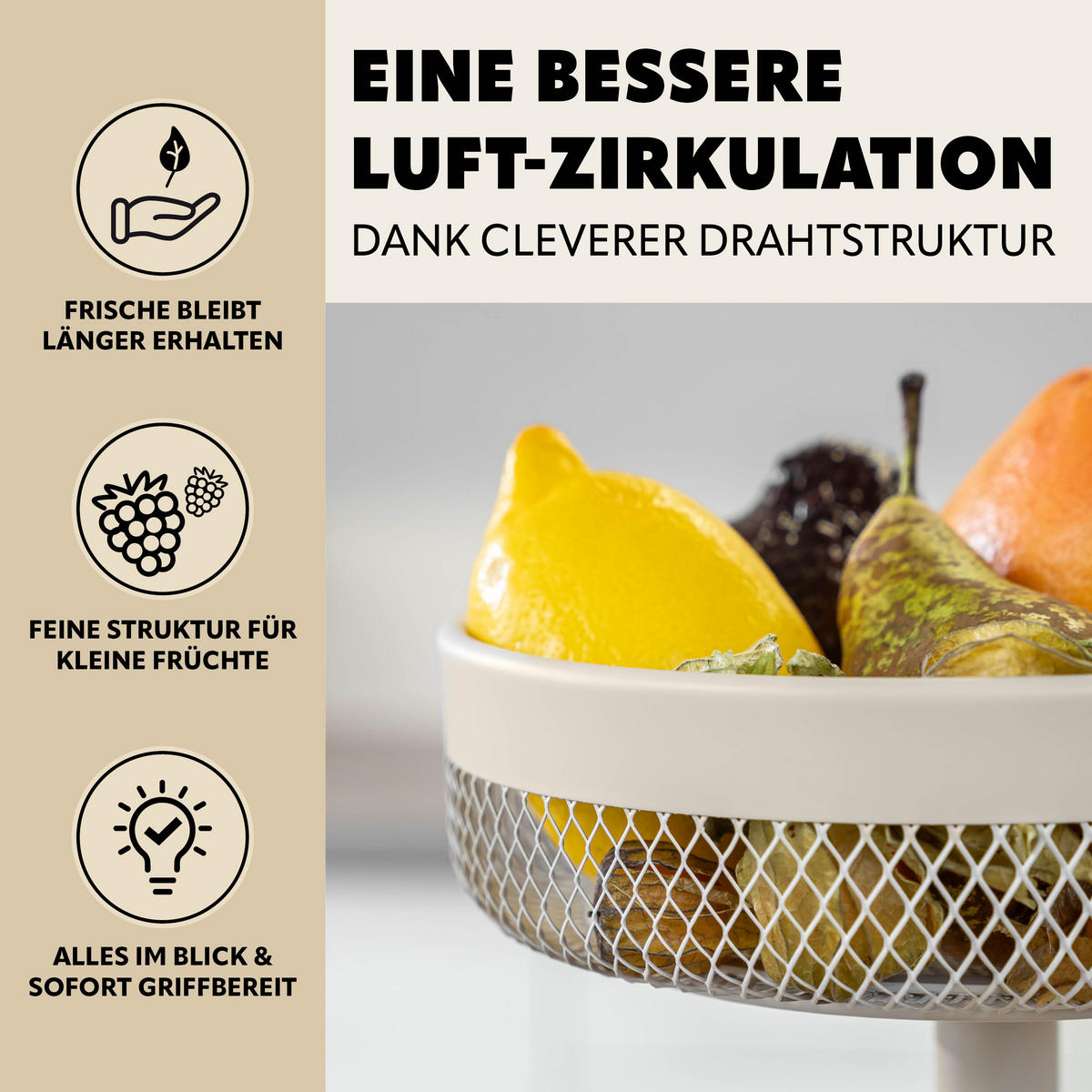 OBSTETAGERE rund, 3-stöckig, Ø 20 cm, 25 cm und 30 cm, beige, Metall - Beige, Metall (30/42cm) - eluno