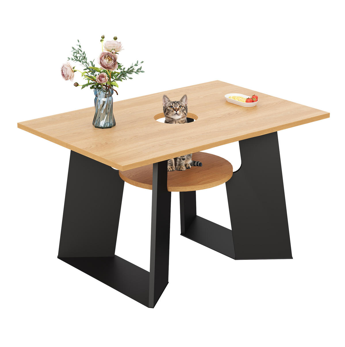 ESSTISCH 130/85/75 cm in Natur/Schwarz mit Ablagefach und haustierfreundlichem Design - Schwarz, Holzwerkstoff (130/85/75cm) - BEAOK