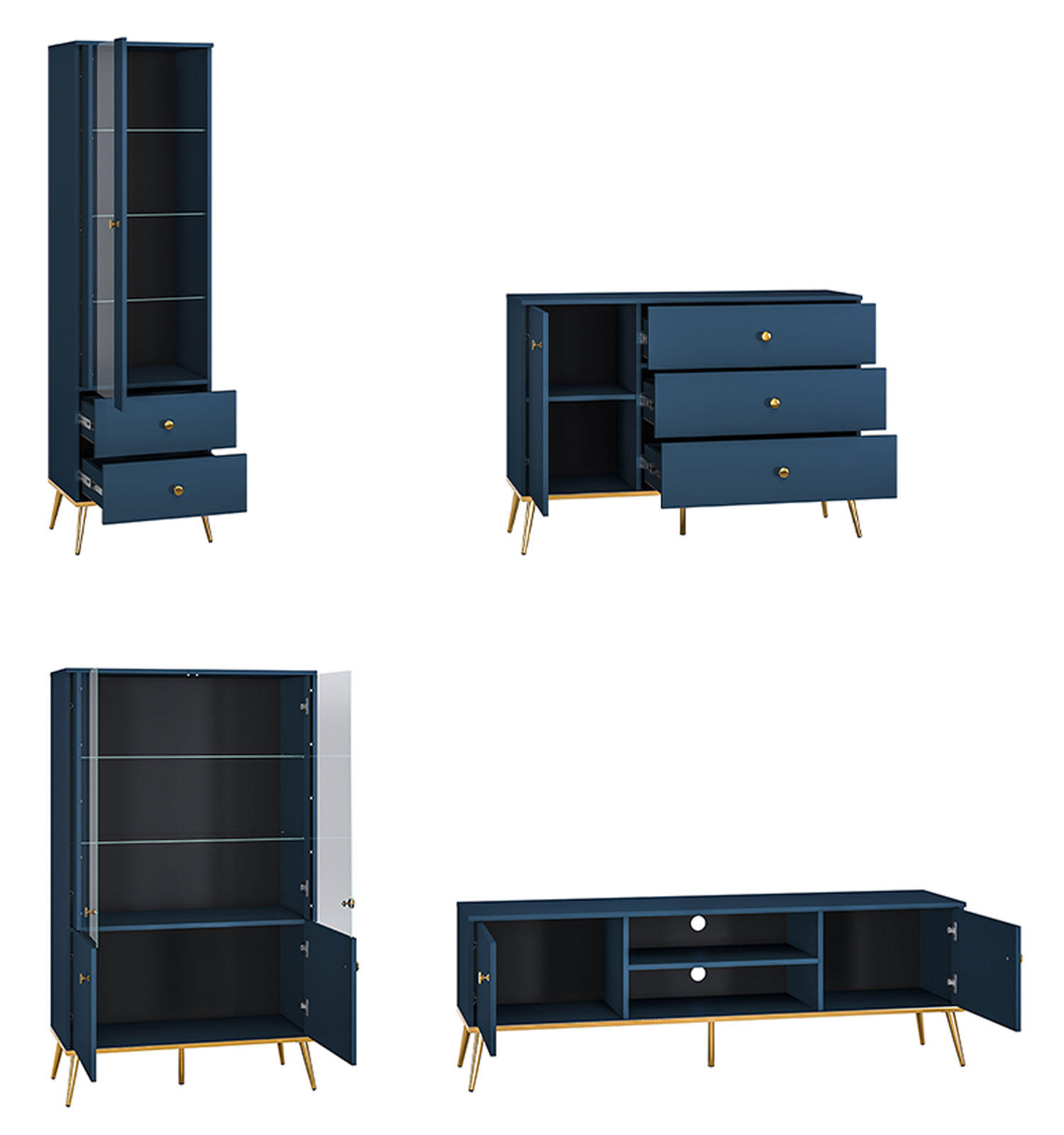 WOHNZIMMER-SET Marine dunkelblau / gold 427 / 40 / 190cm 4-teilig - Blau/Dunkelblau, Holz/Holzwerkstoff (427/190/40cm) - Feldmann-Wohnen