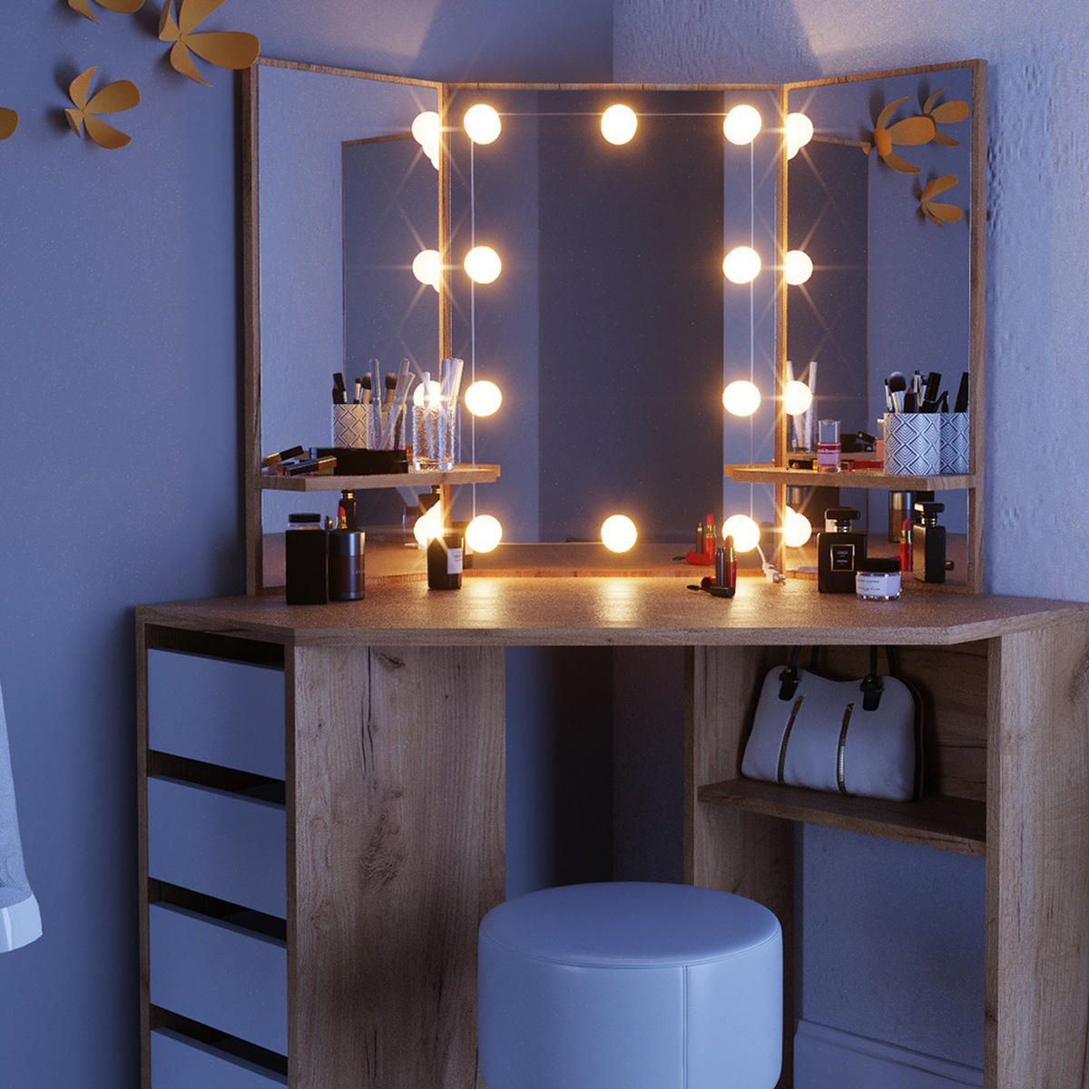 ECKSCHMINKTISCH Arielle Goldkraft Eiche 110 cm mit LED Beleuchtung und Hocker - Eiche Wotan, Holzwerkstoff (110/141.5/54cm) - Vicco