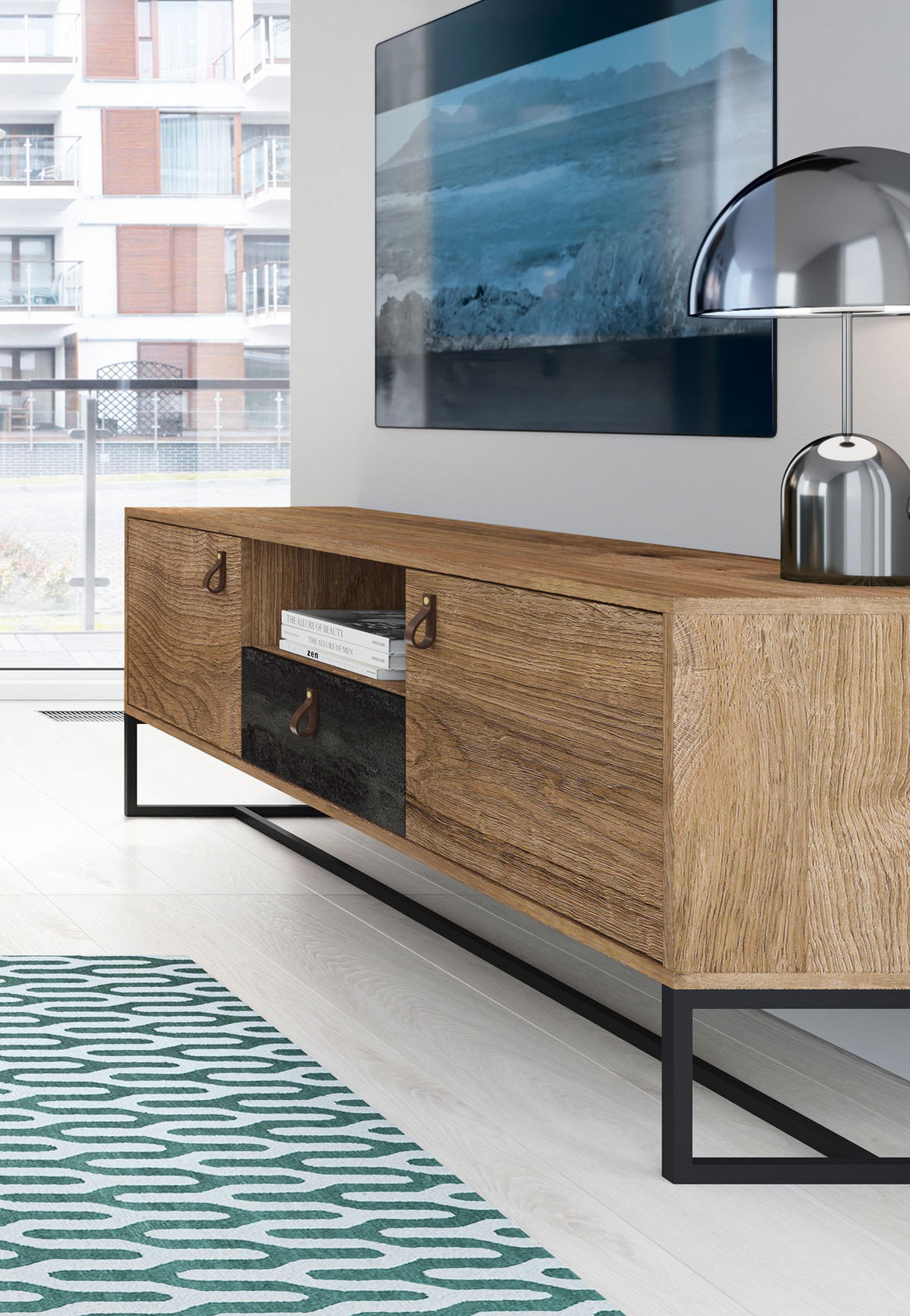 LOWBOARD Dark Ribbeck Eiche / black stone 153 / 39 / 54cm - Multicolor/Schwarz, Holz/Holzwerkstoff (153/54/39cm) - Feldmann-Wohnen