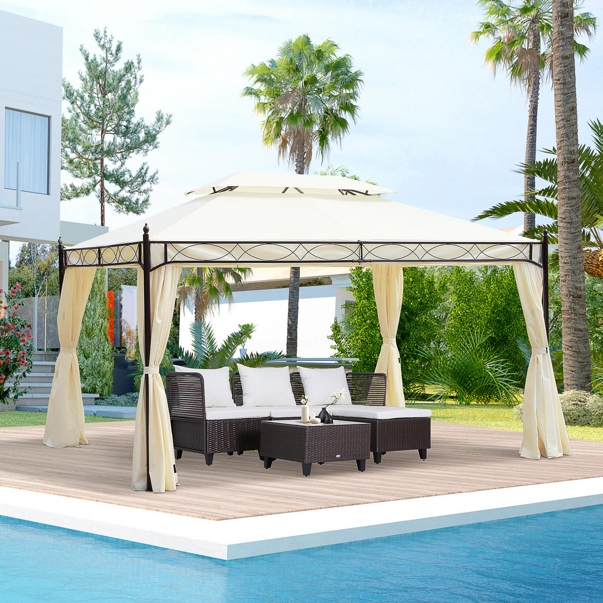 PAVILLON Gartenpavillon Fest Partyzelt Doppeldach Gartenzelt 3x4m Creme - Creme, Metall (400/280/300cm) - Outsunny
