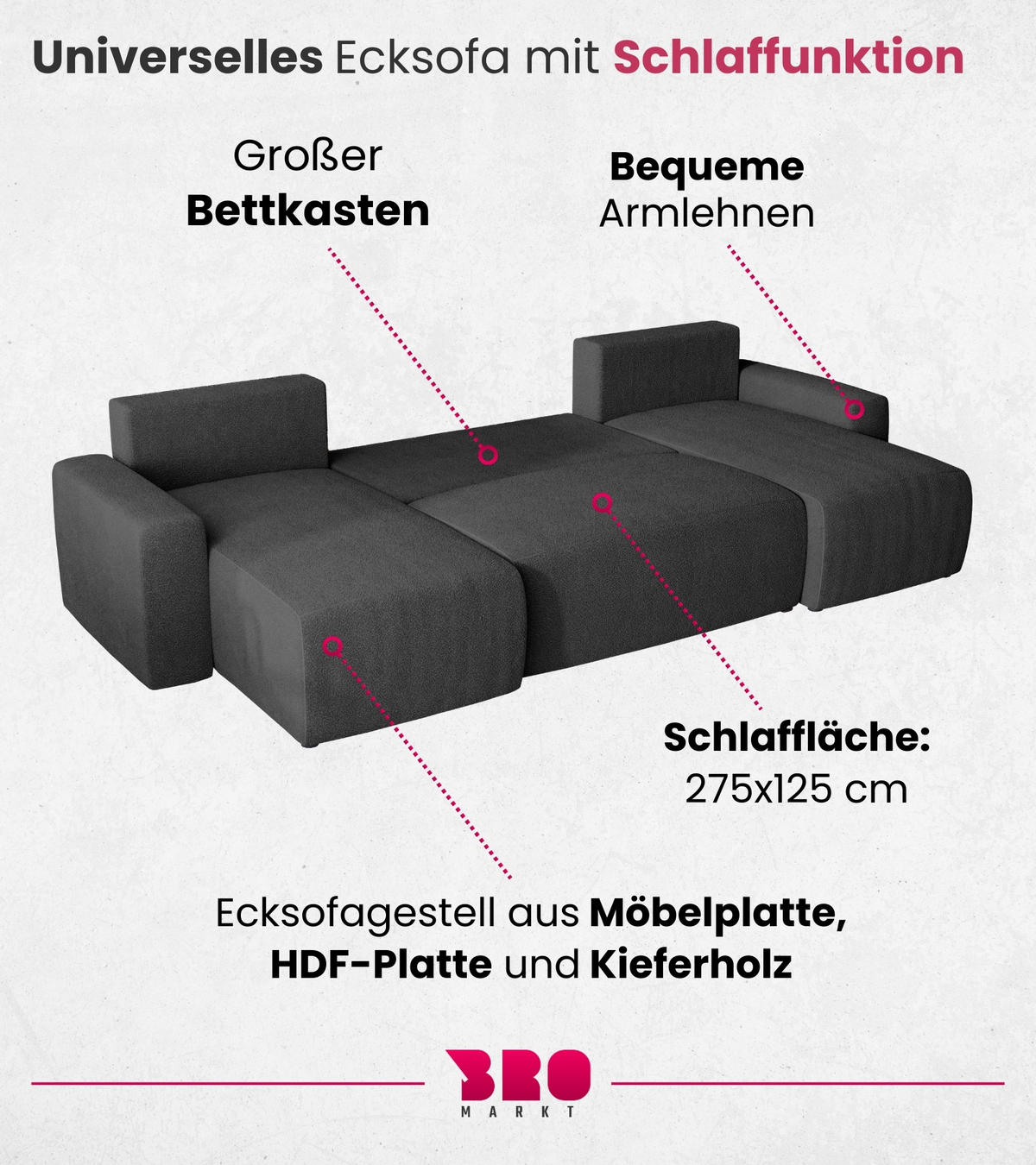 WOHNLANDSCHAFT Plush mit Schlaffunktion Anthrazit Boucle - Anthrazit, Kunststoff/Textil (315/72/145cm) - Bromarkt