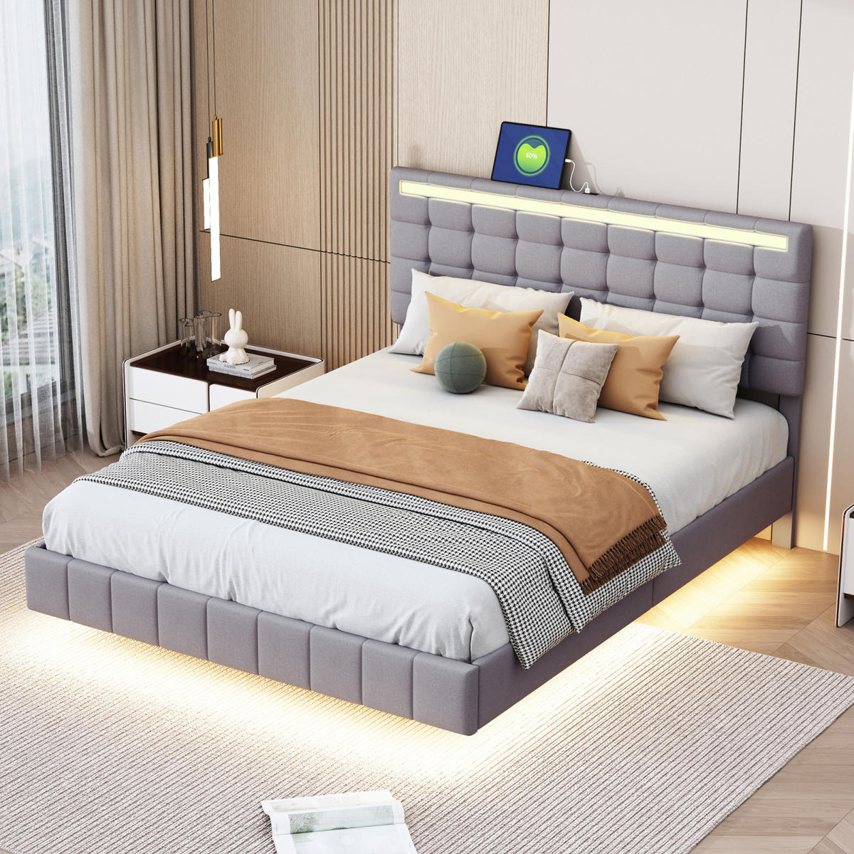 POLSTERBETT 140x200 cm, Grau, mit LED-Beleuchtung & USB - Grau, Textil/Metall (160/200cm)