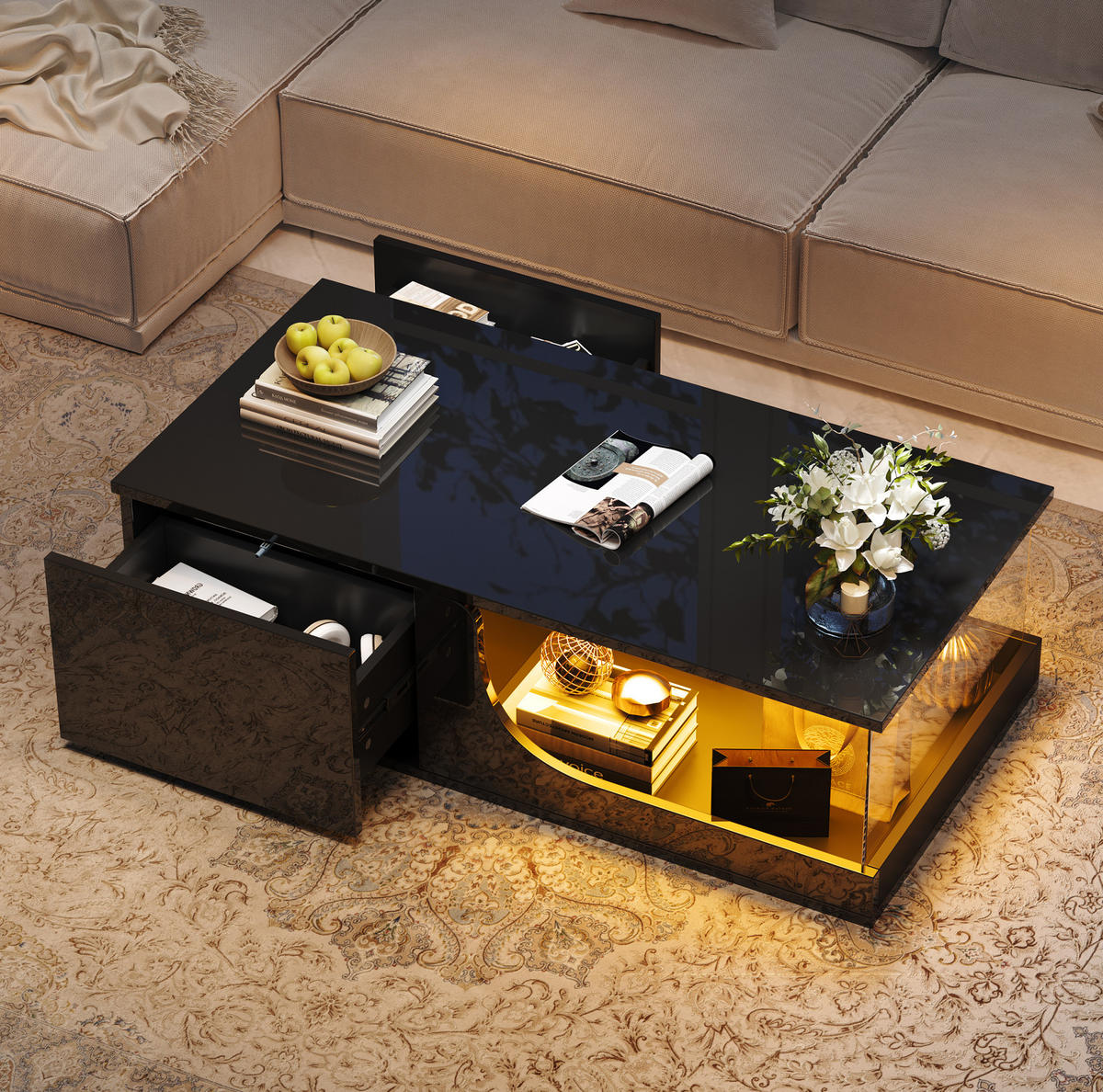 COUCHTISCH 100/50 cm mit 2 Schubladen, LED-Beleuchtung und Glasablage - Schwarz, Holzwerkstoff (100/50/30cm) - BEAOK