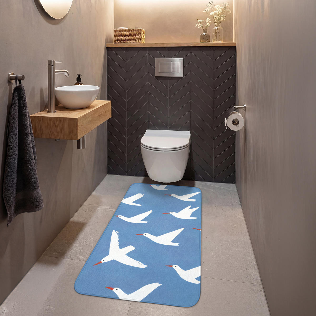 WC PŘEDLOŽKA Ptáci - bílá - vzor 60x120 cm - modrá, textil/plast (60/1cm) - OnlyWow