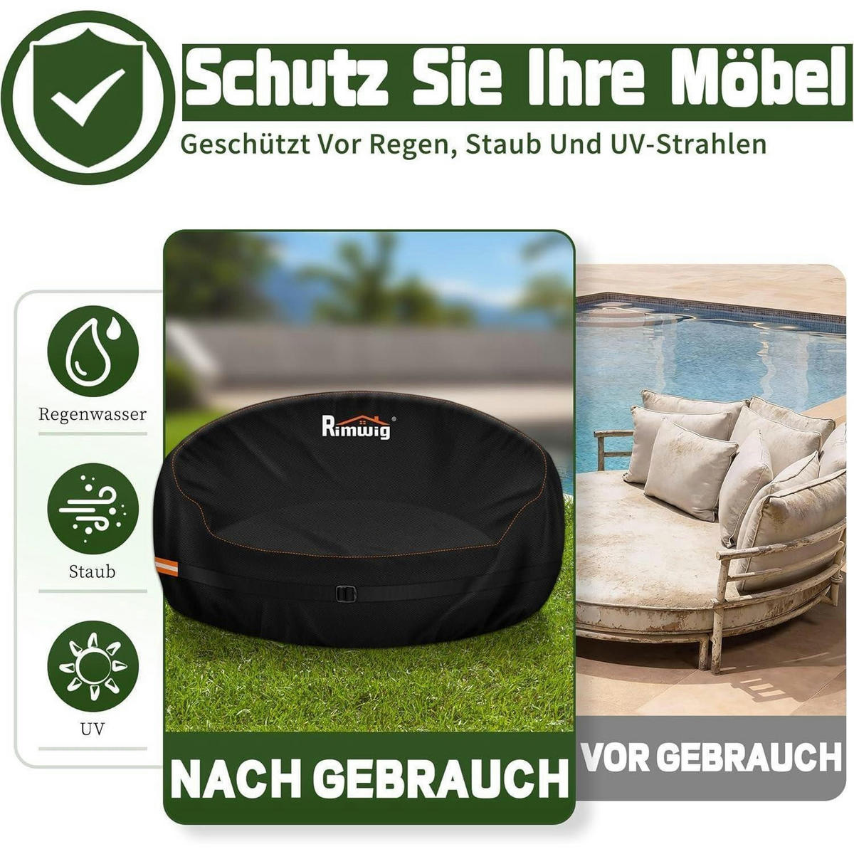 GARTENLIEGE Abdeckung Ø230x90/50cm Wasserdicht Oxford-Stoff - Schwarz, Textil (190/90/50cm)