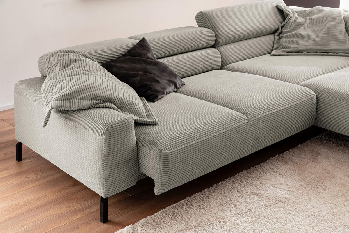 ECKSOFA MIT MOTORISCHEM SITZVORZUG DELIA Steingrau Cord - Greige/Schwarz, Textil/Metall (312/219cm) - KAWOLA