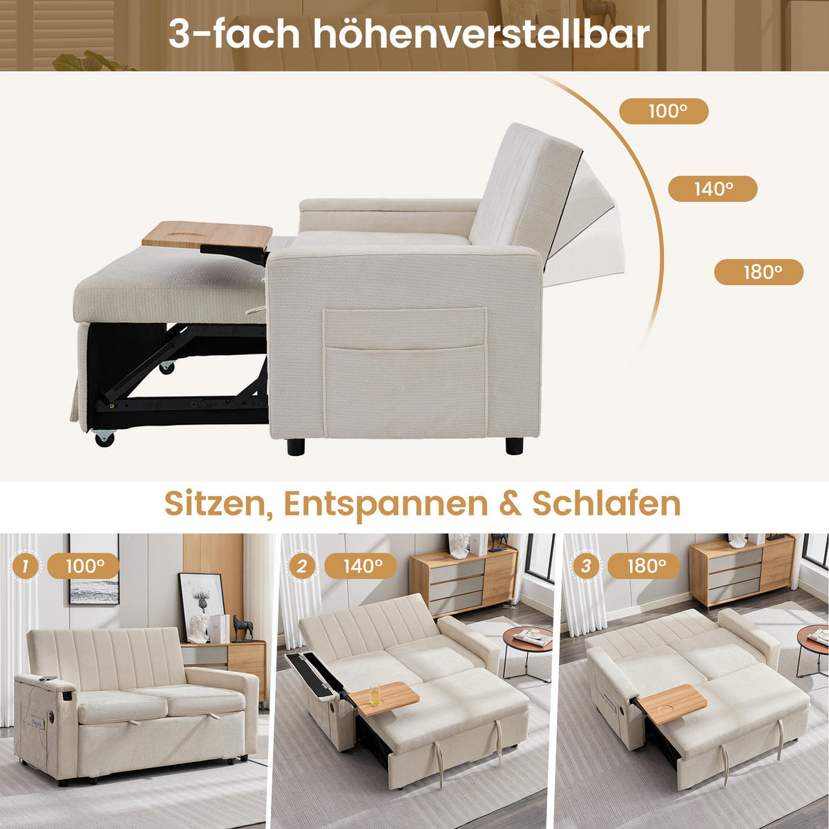 SCHLAFSOFA 140/84.5/84 cm Beige mit Klapptablett, USB & Type-C Ladeanschluss, Seitentaschen und Rollen - Beige, Textil (140/84/84.5cm) - Oxeza