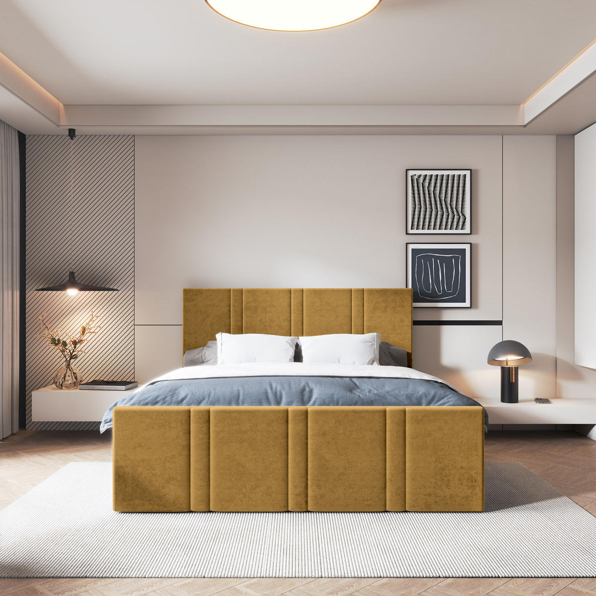 POSTEL BOXSPRING COMOZA 160x200 cm, s matrací a úložným prostorem, žlutá - žlutá, kompozitní dřevo/textil (160/200cm) - MASSENO