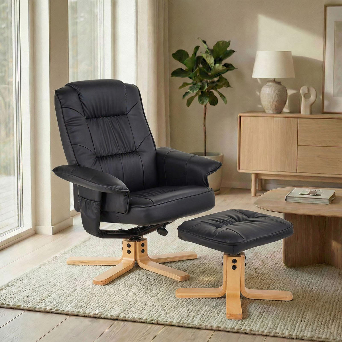 RELAXSESSEL KUNSTLEDER, SET MIT HOCKER CHARLY - Schwarz, Textil (76/87/61cm) - IDIMEX