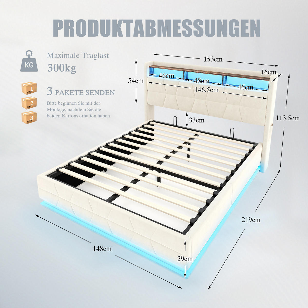 POLSTERBETT aus Samt 140x200 cm in Beige mit LED & USB/Type-C - Beige, Textil (140/200cm) - Modfu