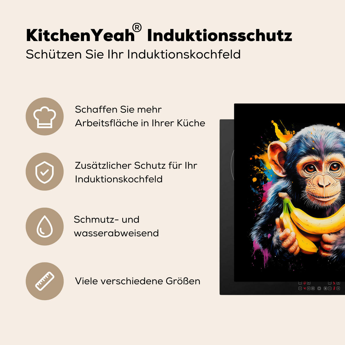 HERDABDECKPLATTE Affe - Graffiti - Farbenfroh - Bananen - Modern 78x78 cm - Gelb, Kunststoff (78/0.2/78cm) - MuchoWow