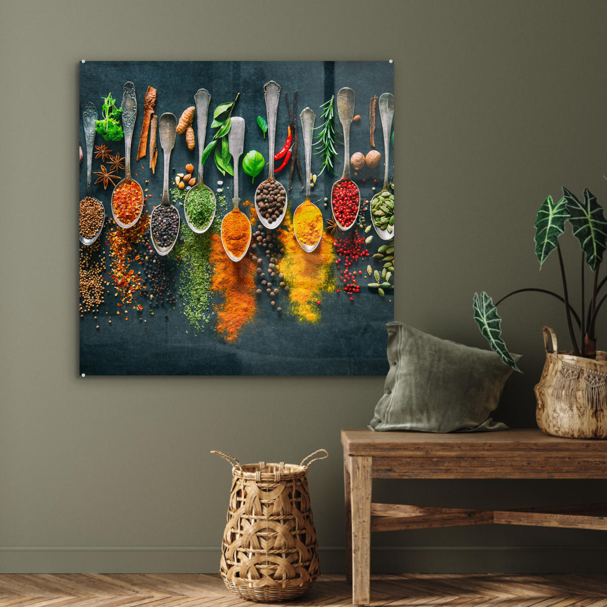 ACRYLGLASBILD Kräuter - Gewürze - Löffel 90x90 cm - Currygelb, Glas (90/90cm) - MuchoWow