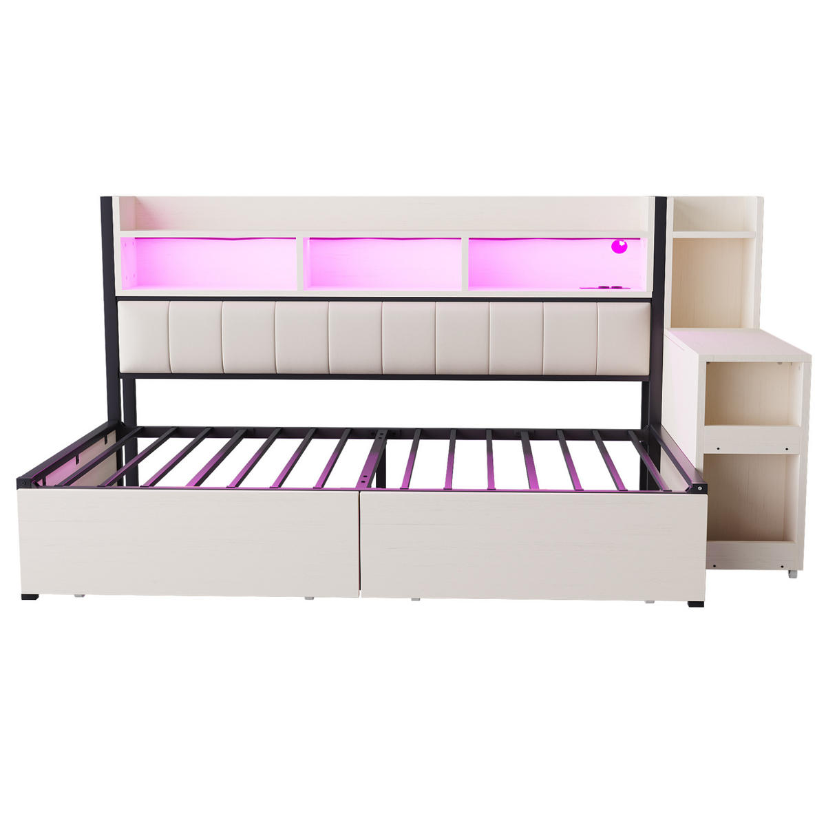 BETT 90/200 cm in Weiß mit Schreibtisch, Stauraum und Steckdosen - Weiß, Metall (90/200cm) - Flora Grace