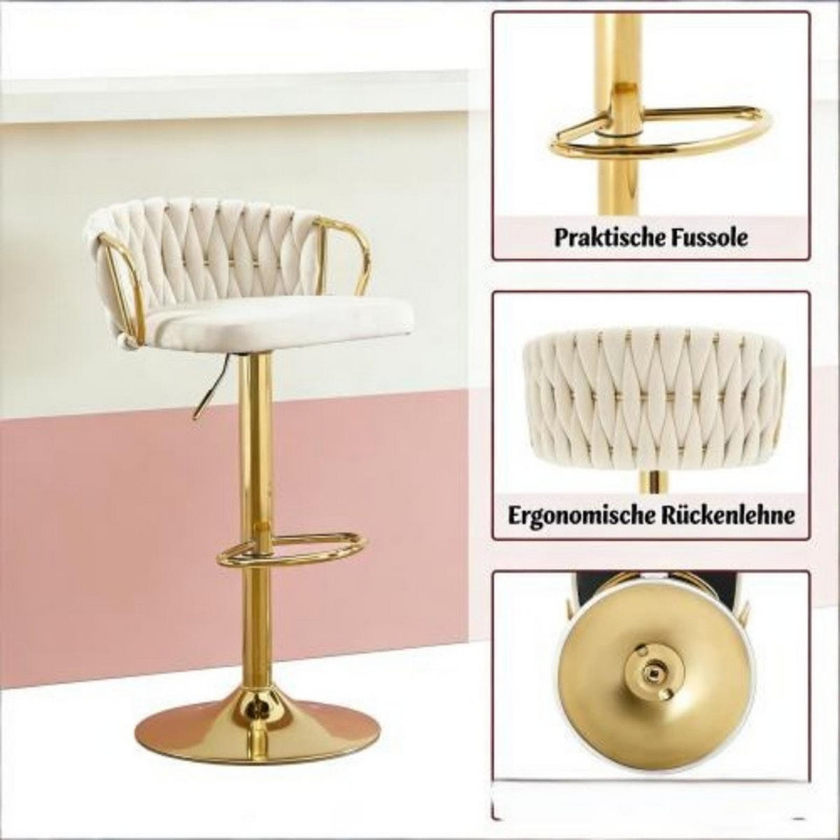 BARHOCKER 2er-Set höhenverstellbar drehbar Samt Cream White - Weiß, Metall (49.5/98/50.51cm) - Meubliv