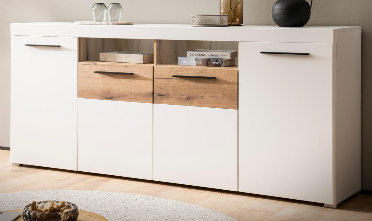SIDEBOARD weiß matt, Evoke Eiche, Kommode 205 cm, Soft-Close-Funktion - Eichefarben/Silberfarben, Holzwerkstoff/Kunststoff (205/87/40cm)