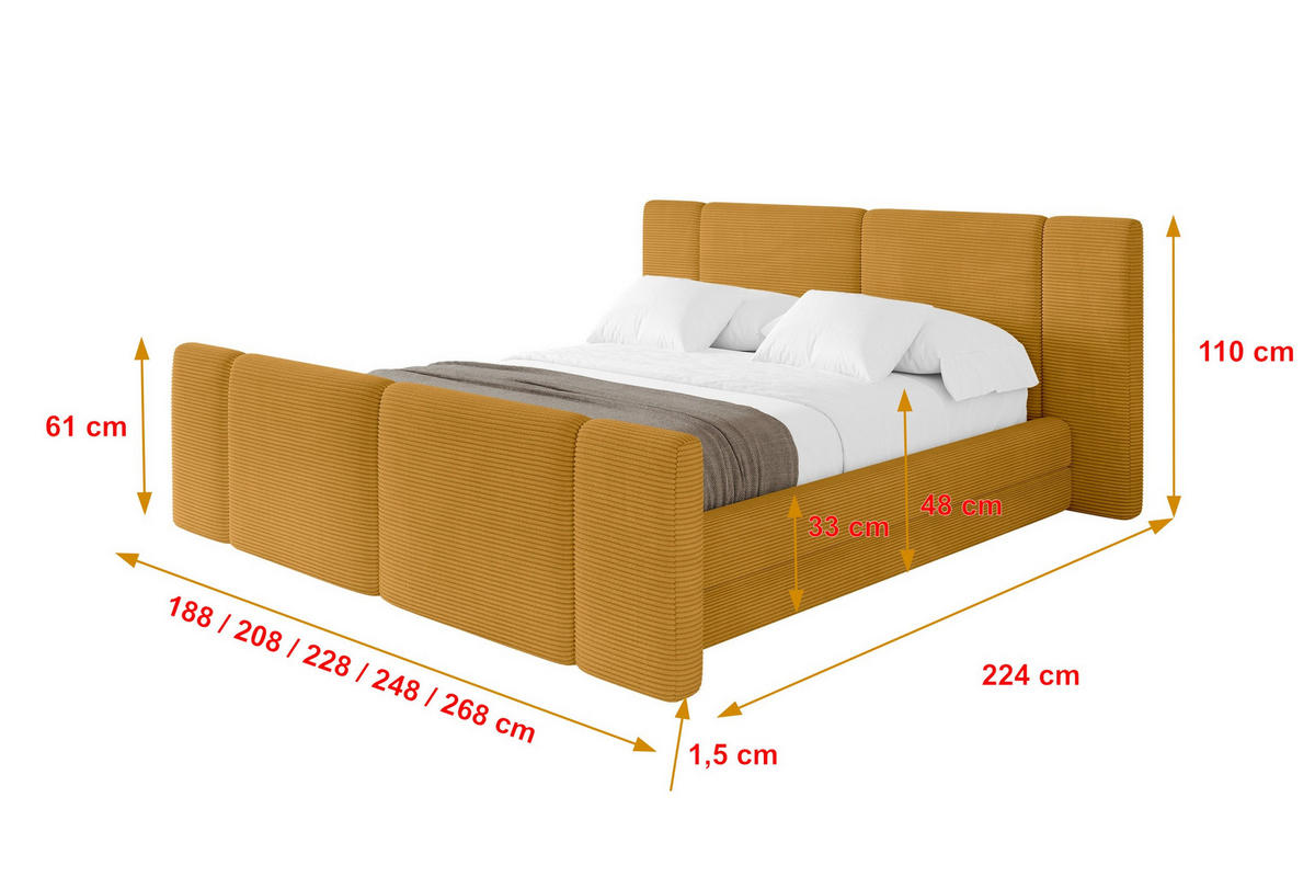 POLSTERBETT mit Bettkasten, Fußteil und Lattenrost, Boxbett ohne Matratze - TEVO-Z 160x200 Senfgelb - Gelb, Holzwerkstoff/Textil (160/200cm) - ALTDECOR