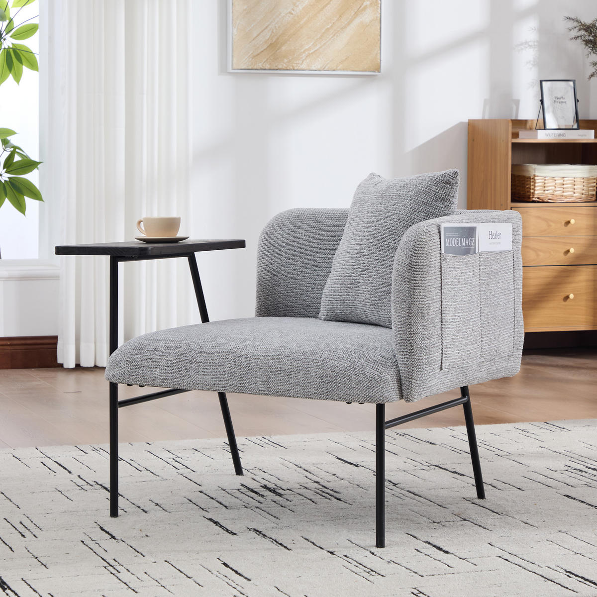 SESSEL Chenille Grau mit Beistelltisch und Seitentaschen - Grau, Textil/Metall (86/71/72cm) - WISHDOR