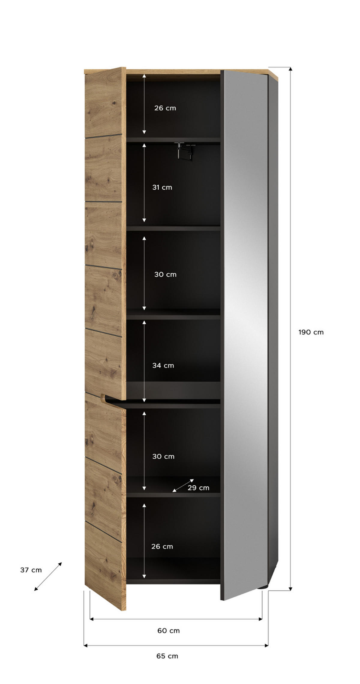 GARDEROBENSCHRANK Schuhschrank Eiche Artisan grau 65 cm mit Soft-Close - Schwarz/Eiche Artisan, Glas/Holz (65/190/37cm) - Inn.Furn