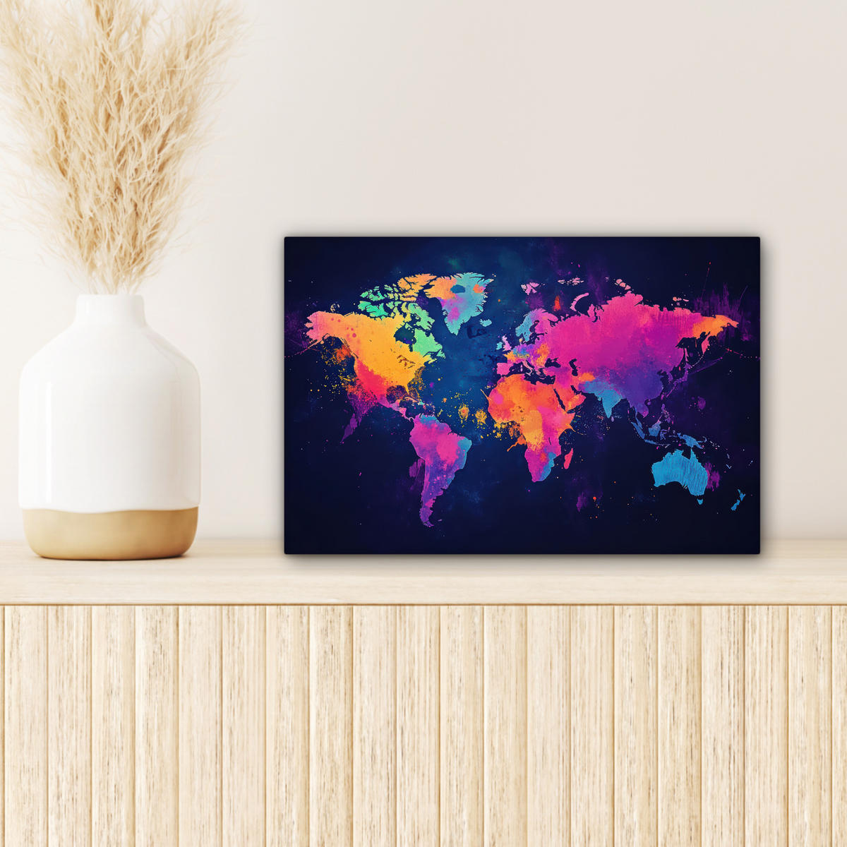 LEINWANDBILD Weltkarte - Bunt - Graffiti 30x20 cm - Multicolor, Textil (30/20cm) - MuchoWow